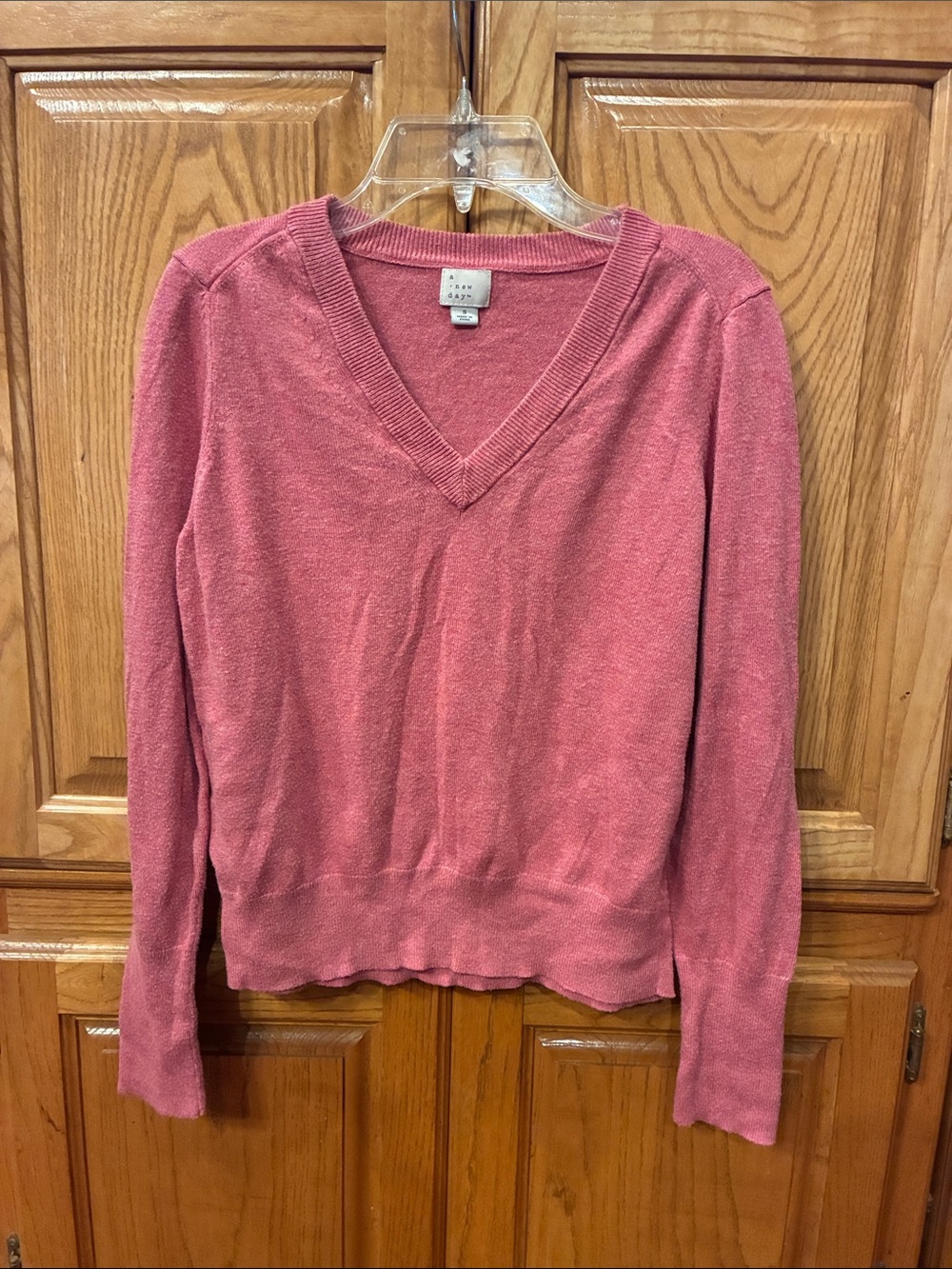 Small “a new day” Dusty Rose V-Neck Sweater with Ribbed Details